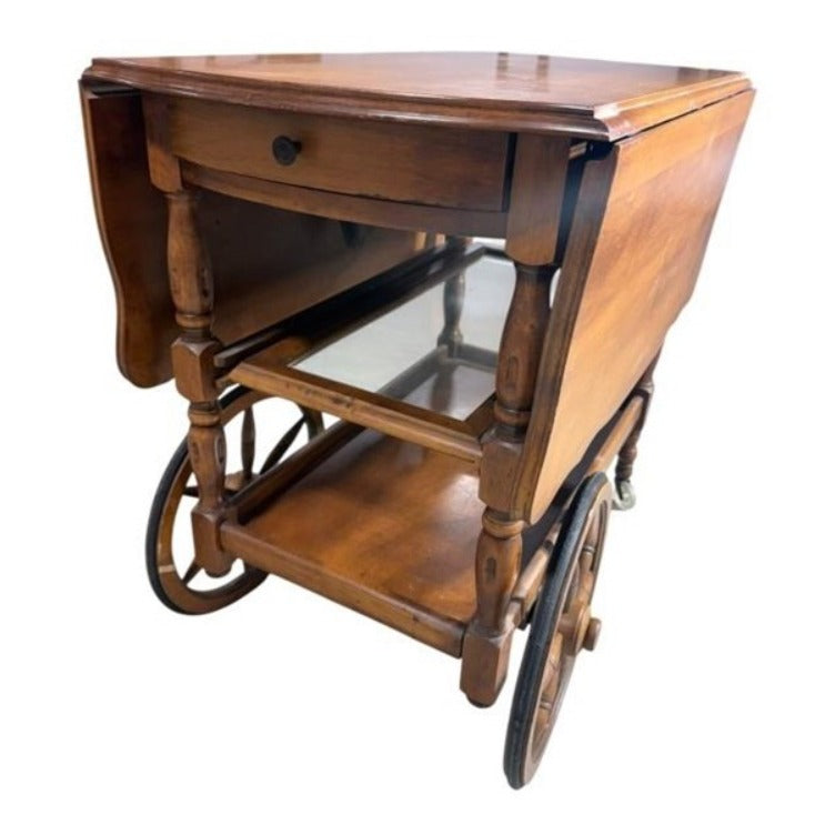VTG Drop Leaf Tea Cart Bar Cart Serving Trolley Drawer Pull Out Glass Tray Wood