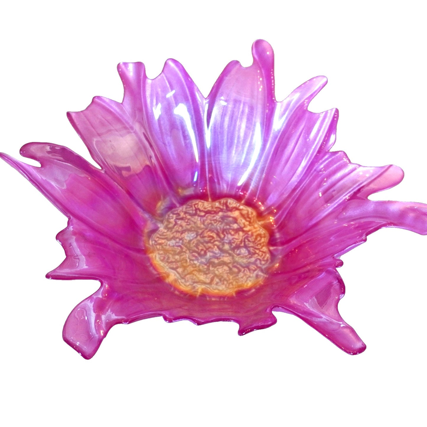 VTG Pink Art Glass Flower Bowl Murano Style Centerpiece Large Irridescent