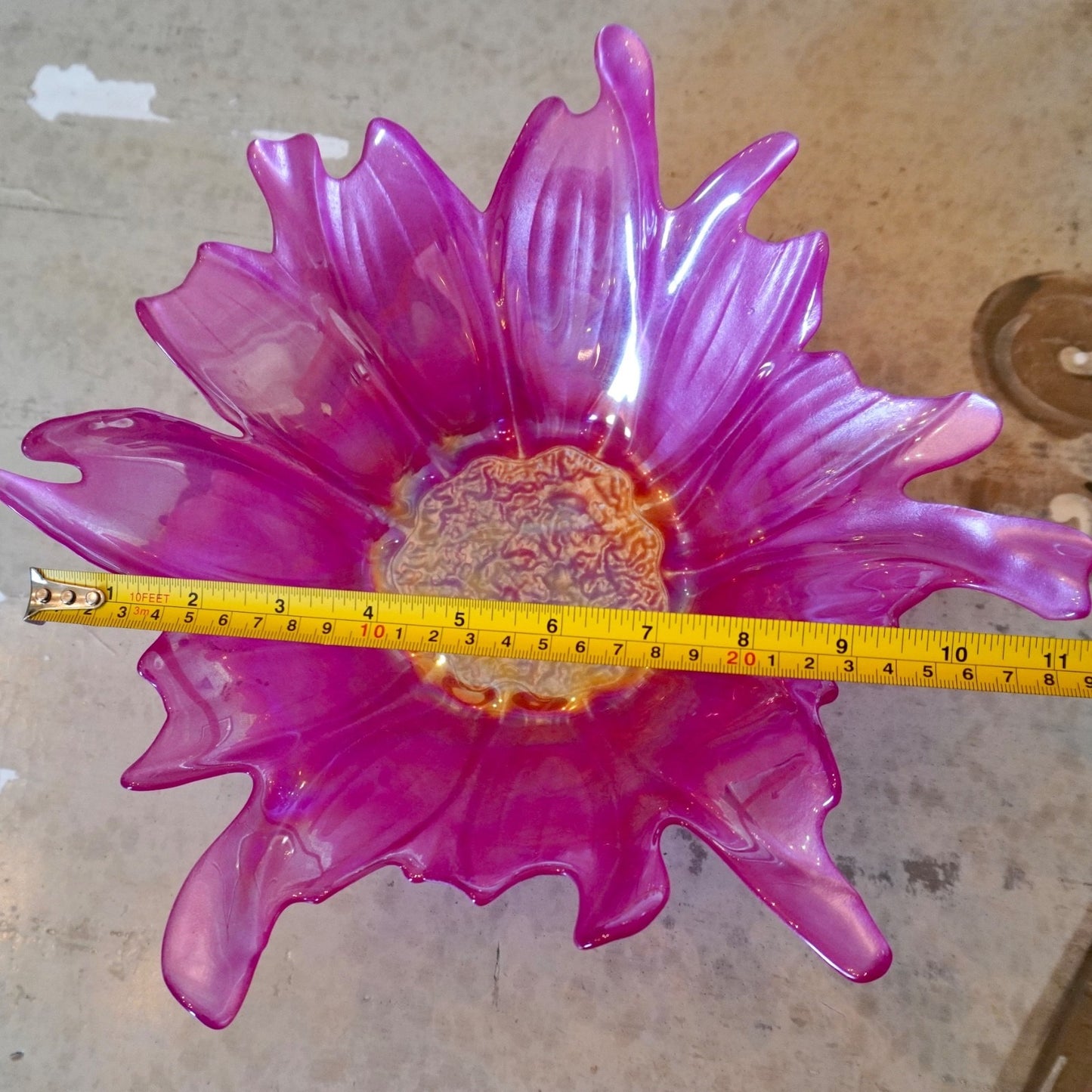 VTG Pink Art Glass Flower Bowl Murano Style Centerpiece Large Irridescent