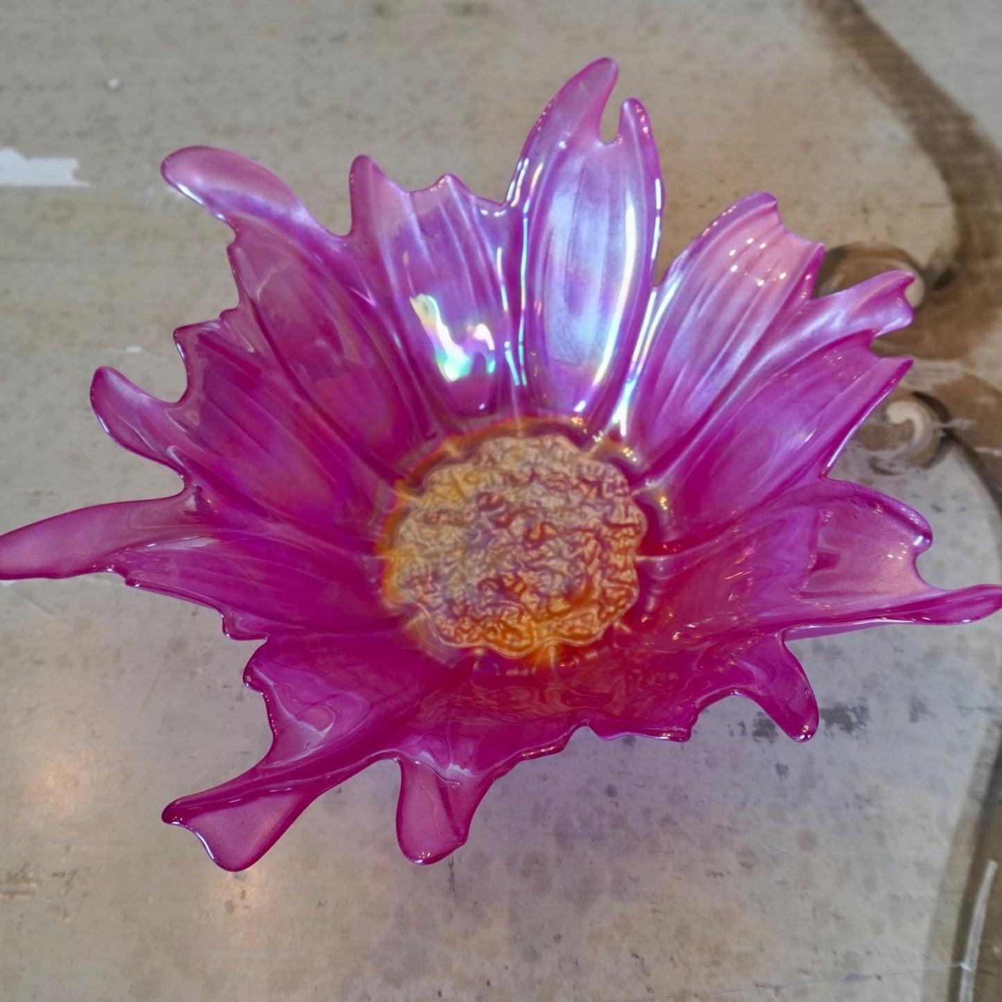 VTG Pink Art Glass Flower Bowl Murano Style Centerpiece Large Irridescent