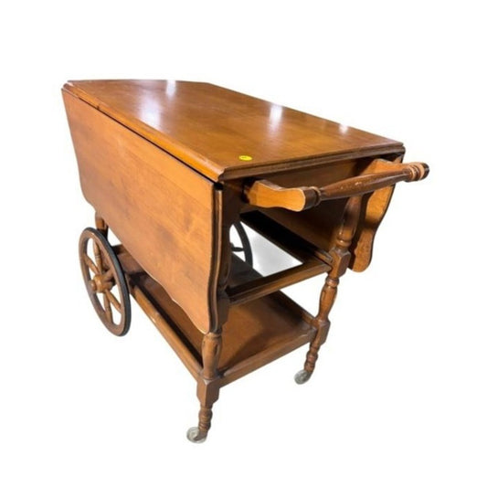 VTG Drop Leaf Tea Cart Bar Cart Serving Trolley Drawer Pull Out Glass Tray Wood