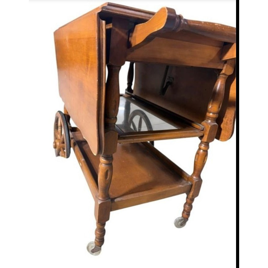 VTG Drop Leaf Tea Cart Bar Cart Serving Trolley Drawer Pull Out Glass Tray Wood