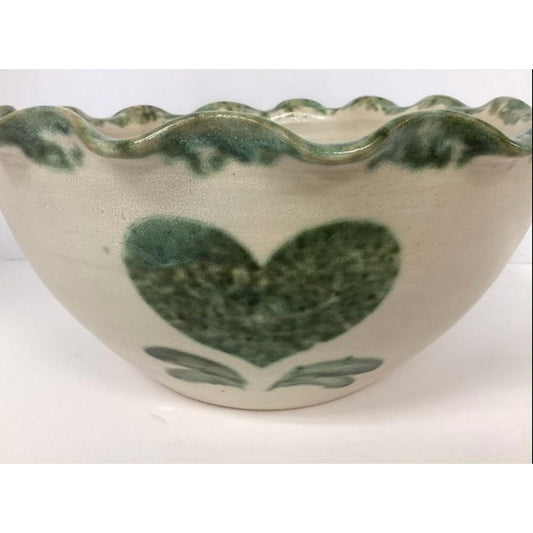 Handcrafted Ceramic Bowl Green Heart Design Scalloped Rim Ellis Spongeware